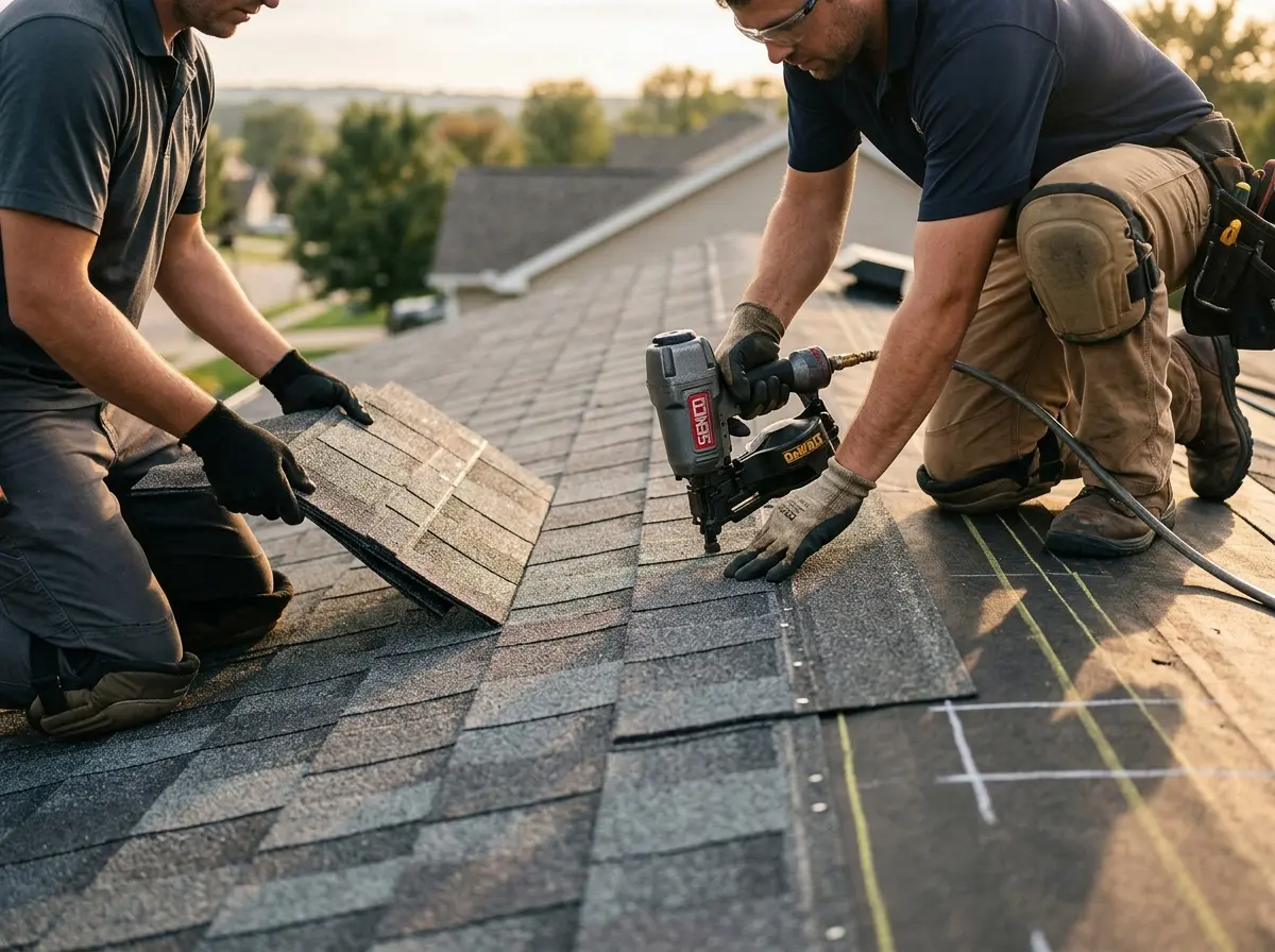 Professional roofer working on a residential roof in Washington Terrace